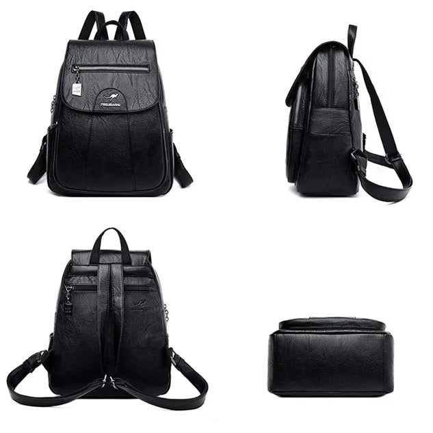 Black leather backpack for women