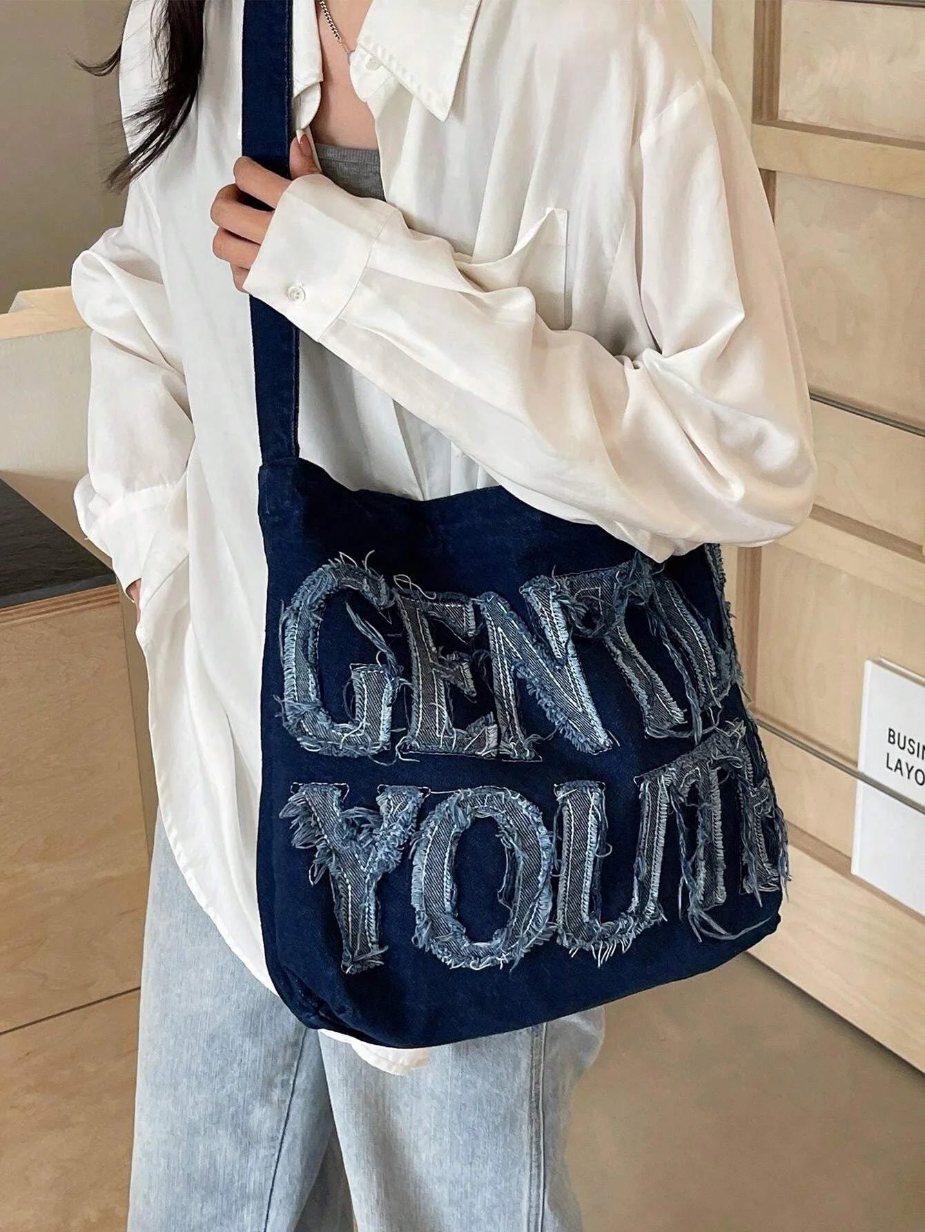 Foldable denim tote bag
