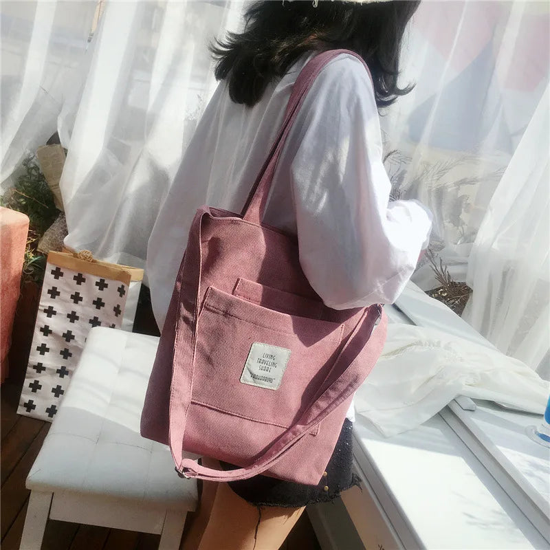 Large capacity corduroy zipped tote bag with external pocket