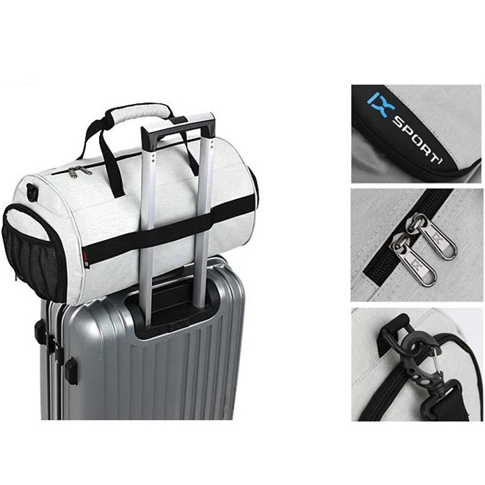 Unisex blue sports duffel bag with shoe pocket