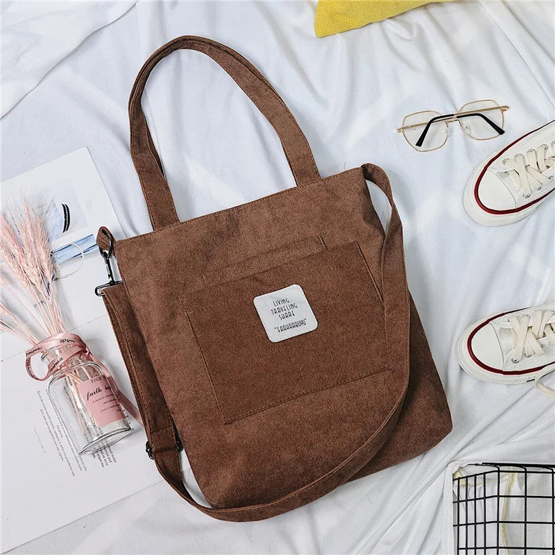 Large capacity corduroy zipped tote bag with external pocket