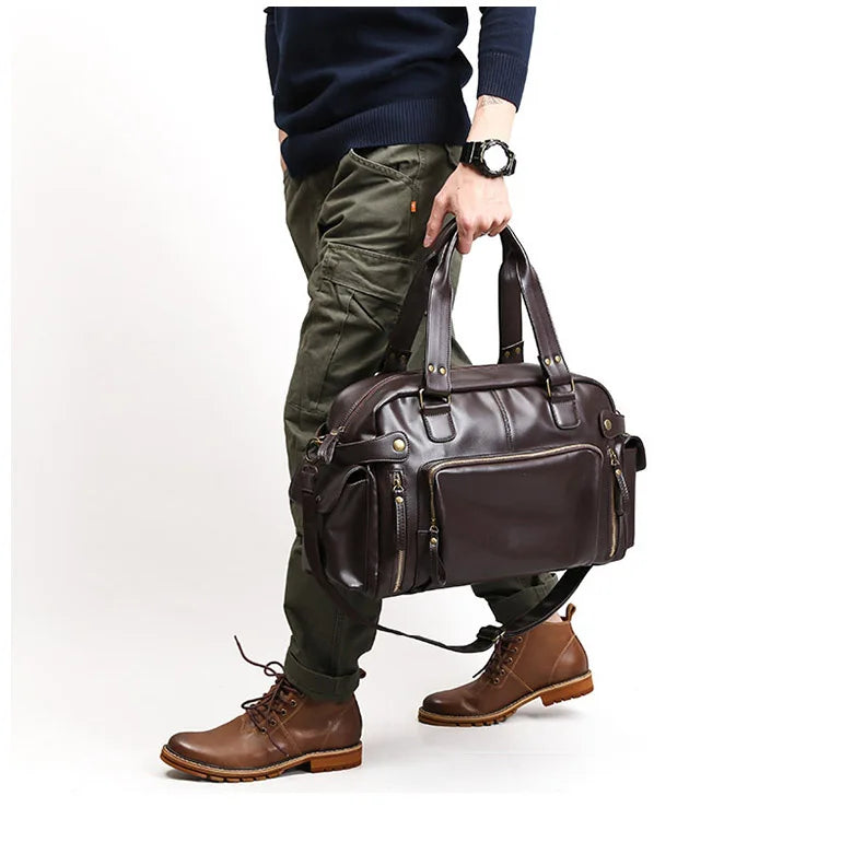 Rugged leather duffle bag with side pockets
