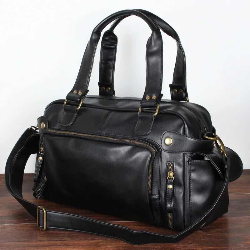 Rugged leather duffle bag with side pockets
