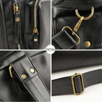 Rugged leather duffle bag with side pockets