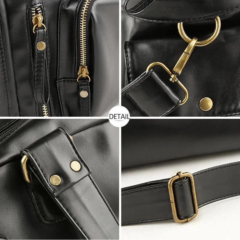Rugged leather duffle bag with side pockets