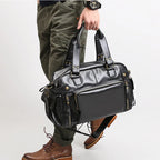 Rugged leather duffle bag with side pockets