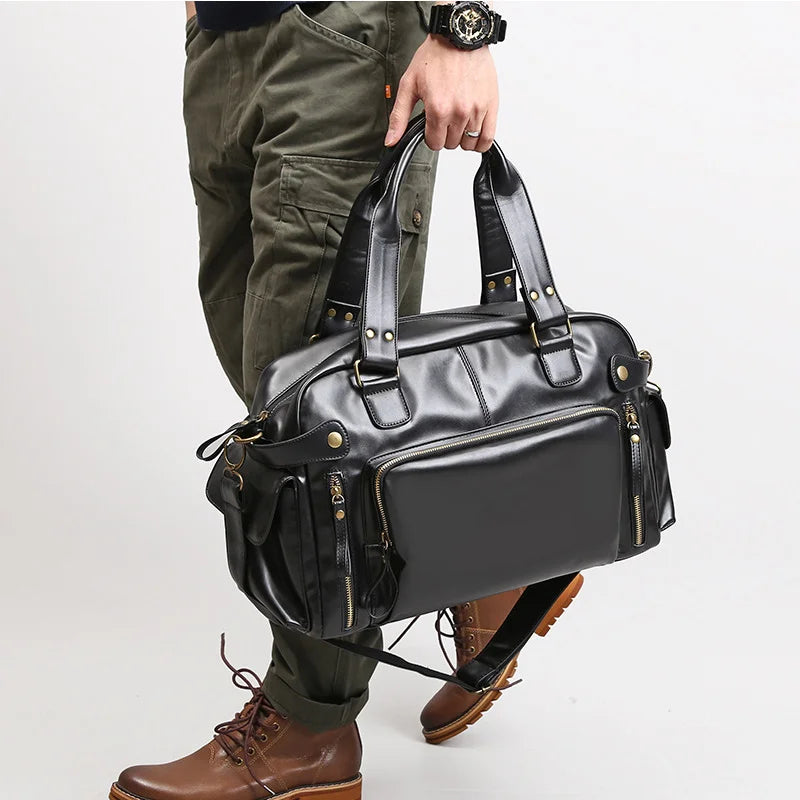 Rugged leather duffle bag with side pockets