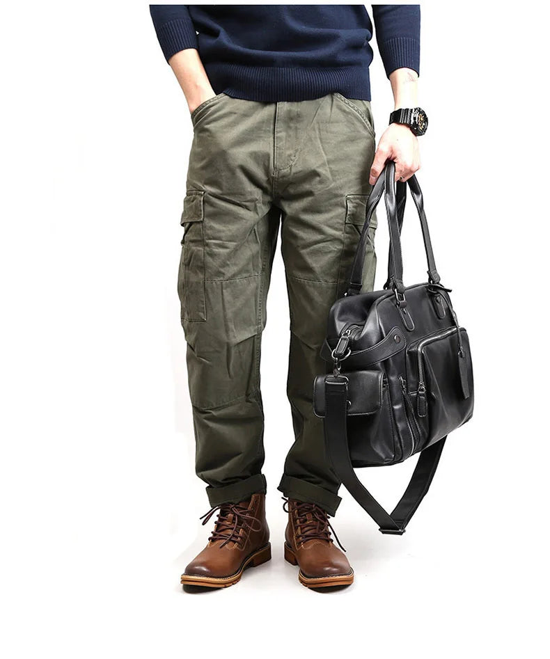 Rugged leather duffle bag with side pockets