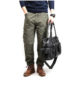Rugged leather duffle bag with side pockets