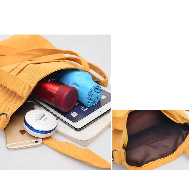 Large capacity corduroy zipped tote bag with external pocket