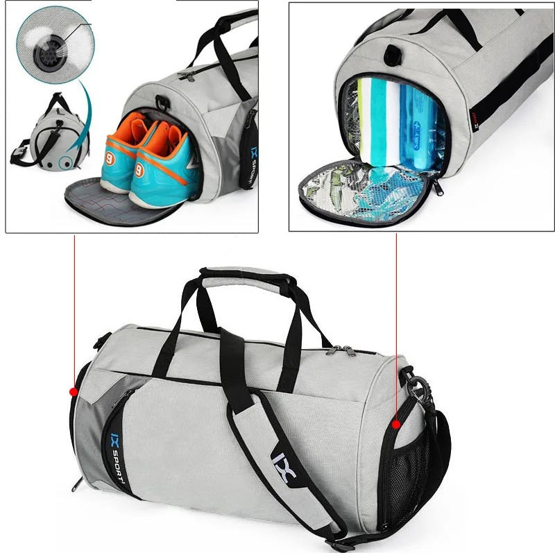 Unisex black sports duffel bag with shoe pocket