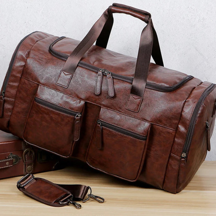 Vintage leather weekender duffle bag