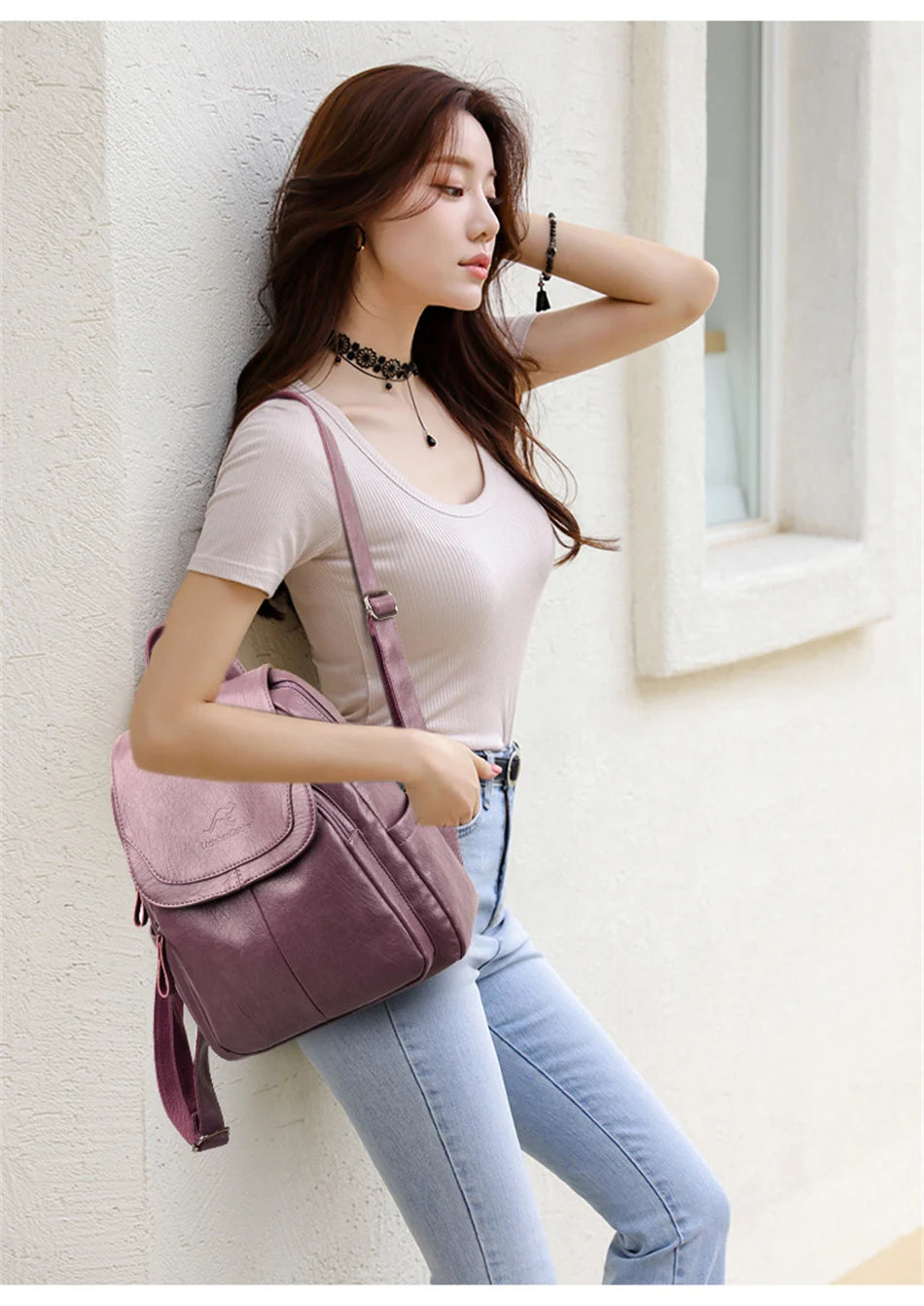 Casual leather knapsack