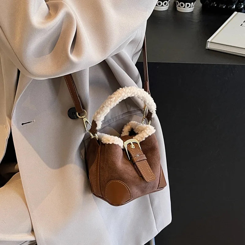 Mini square suede handbag with fake fur