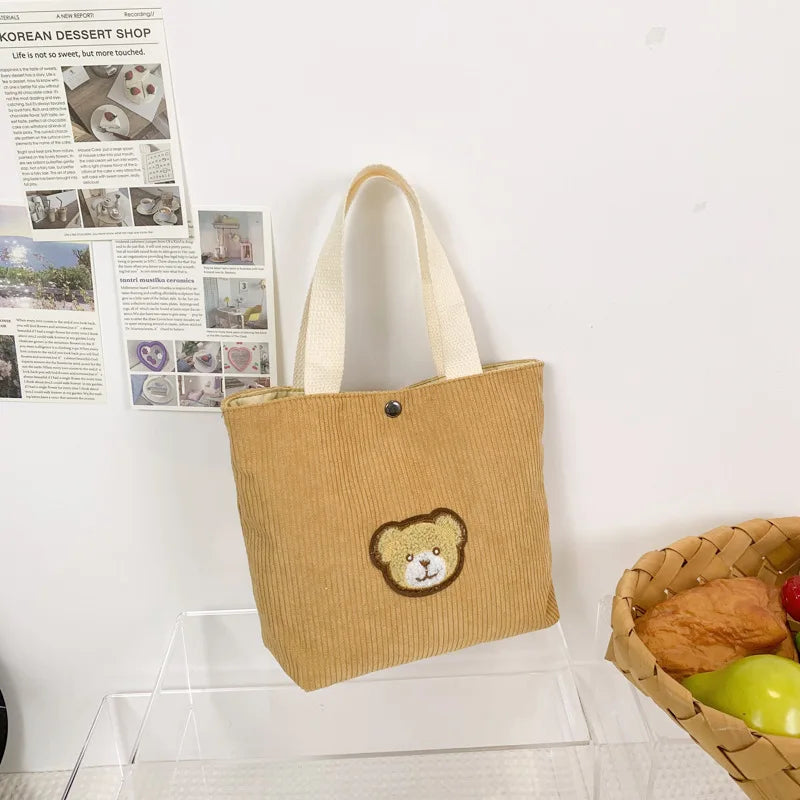 Women’s corduroy shoulder tote bag with front patch