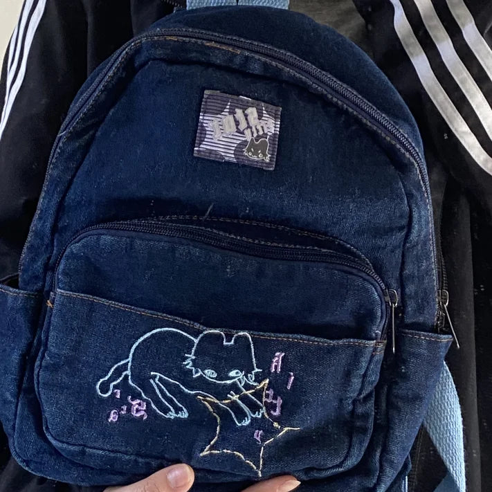 Cat-embroidered denim backpack