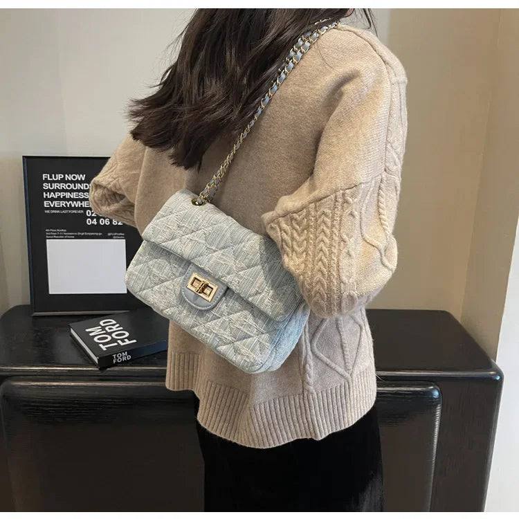 Compact flap denim handbag with chain straps