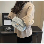 Compact flap denim handbag with chain straps