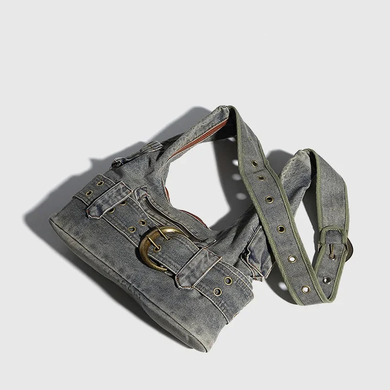 Distressed denim crossbody handbag with double zip