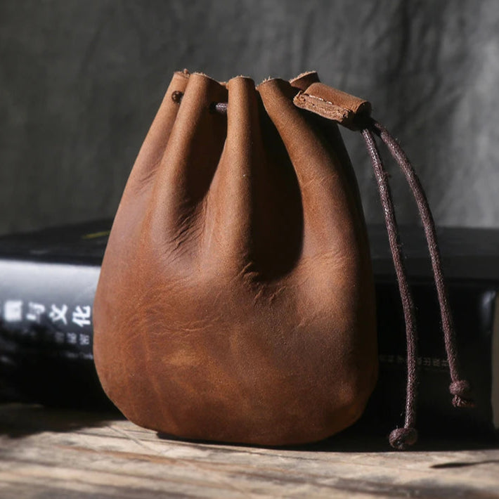 Retro leather pouch with drawstring
