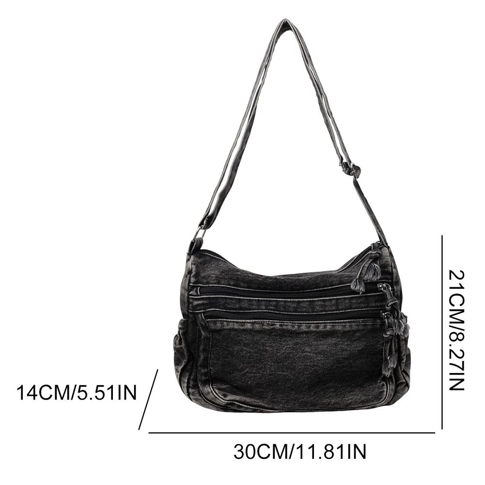 Classic denim shoulder handbag with zipper closure