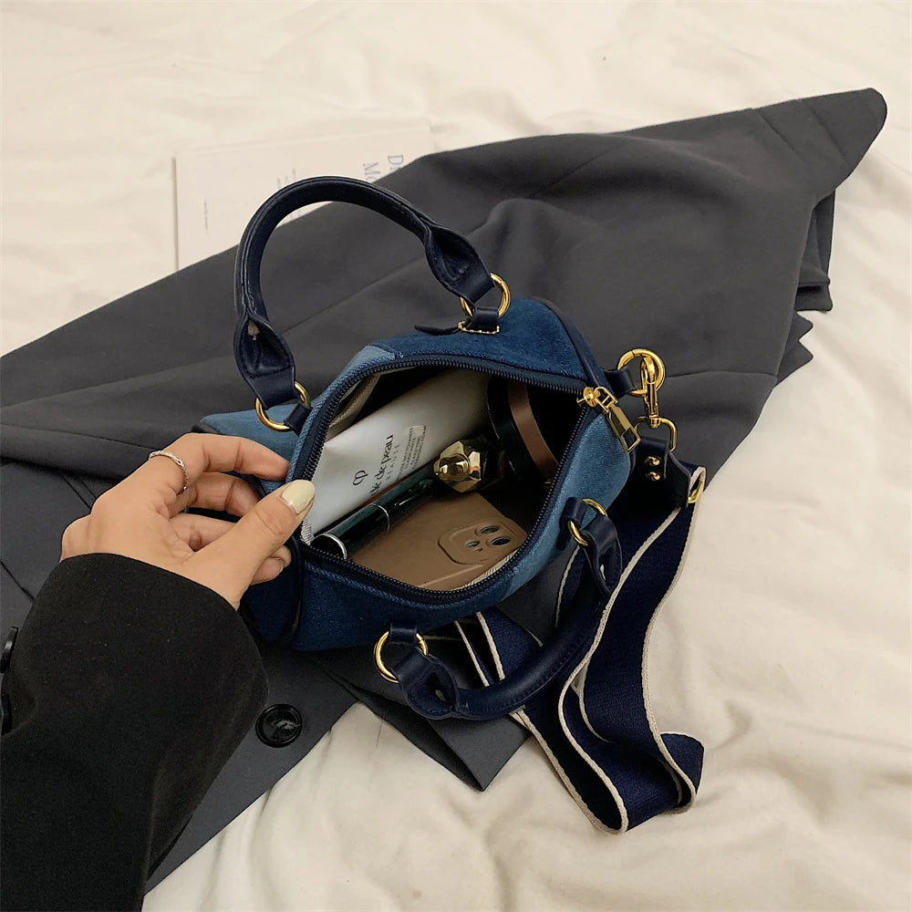 Retro large strap denim shoulder handbag