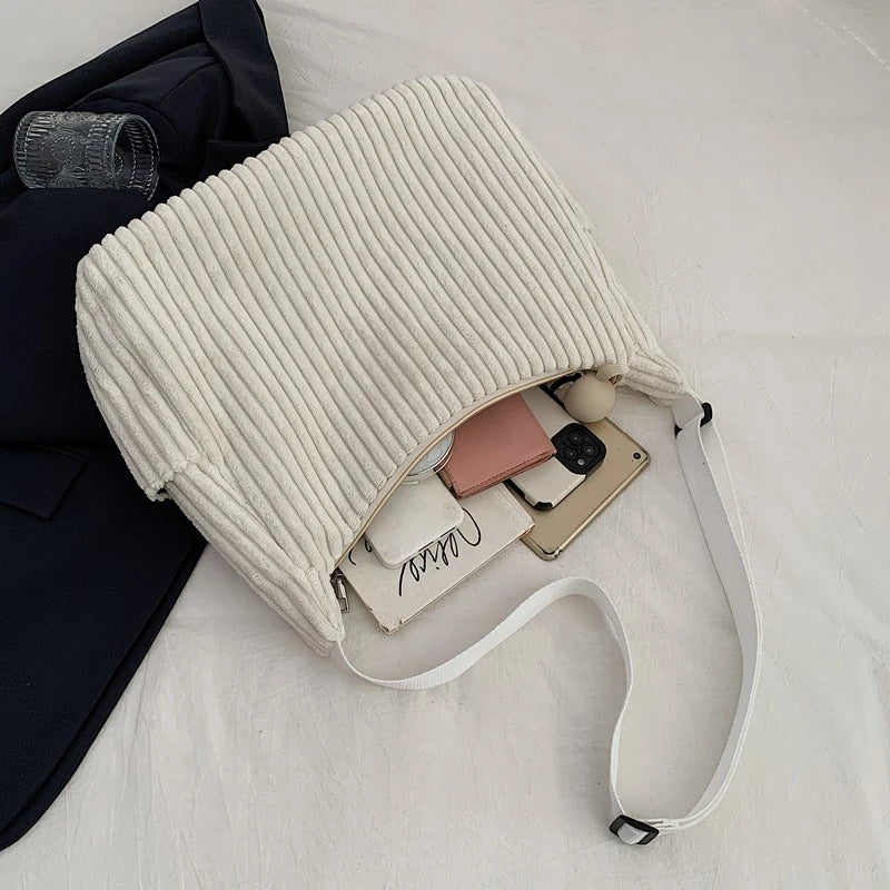 Versatile corduroy handbag with shoulder strap