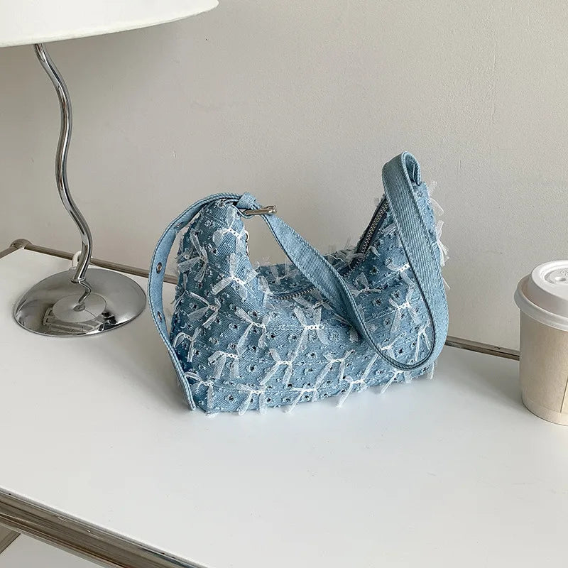 Boho chic denim purse with fringes and embroidery
