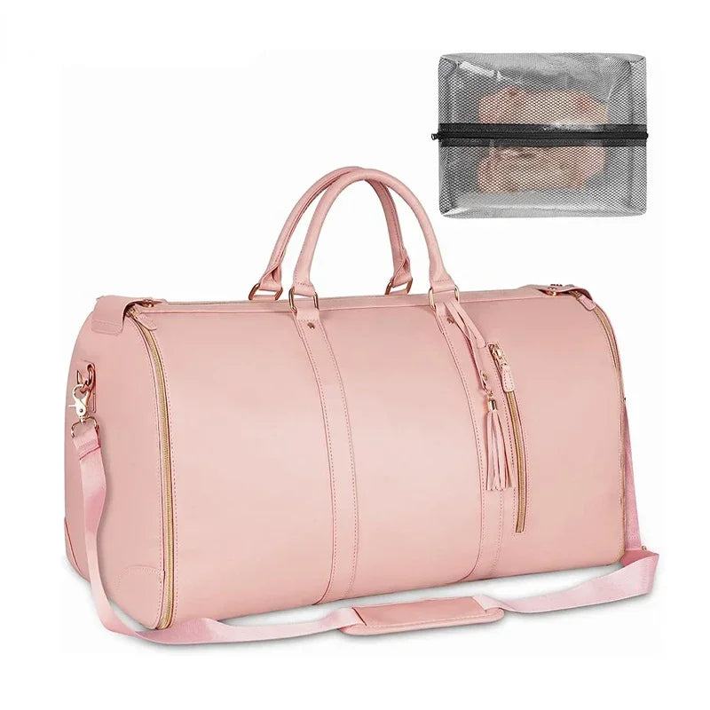 Foldable women's travel leather duffle bag