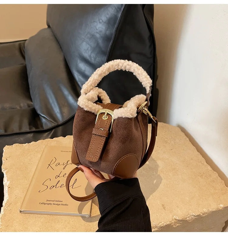 Mini square suede handbag with fake fur