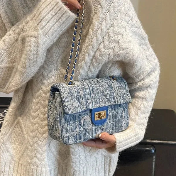 Compact flap denim handbag with chain straps