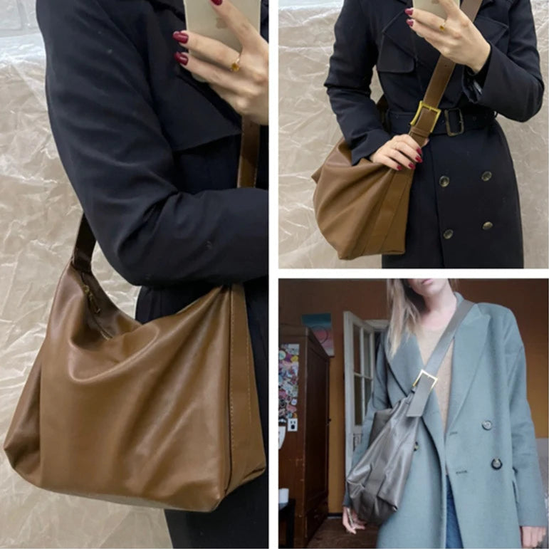 Large capacity leather hobo tote bag