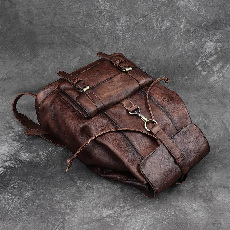 Retro leather rucksack with drawstring closure