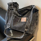 Distressed denim tote bag