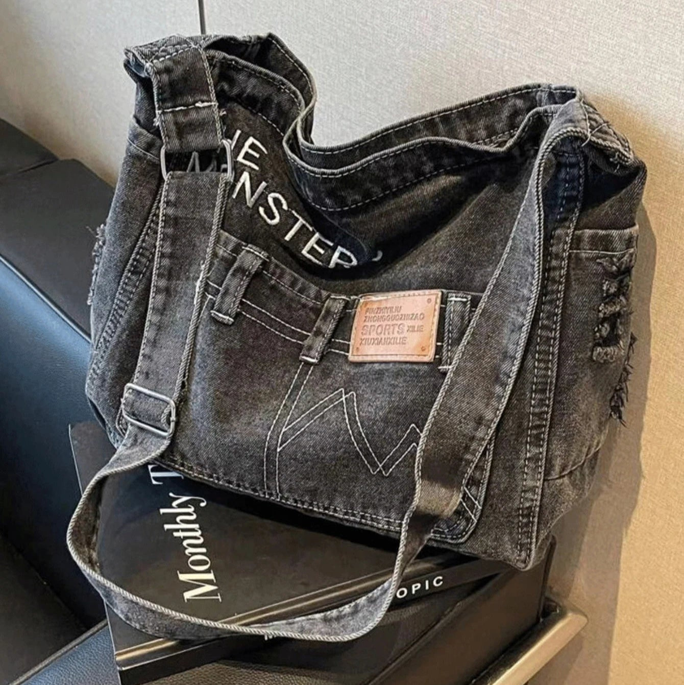 Distressed denim tote bag