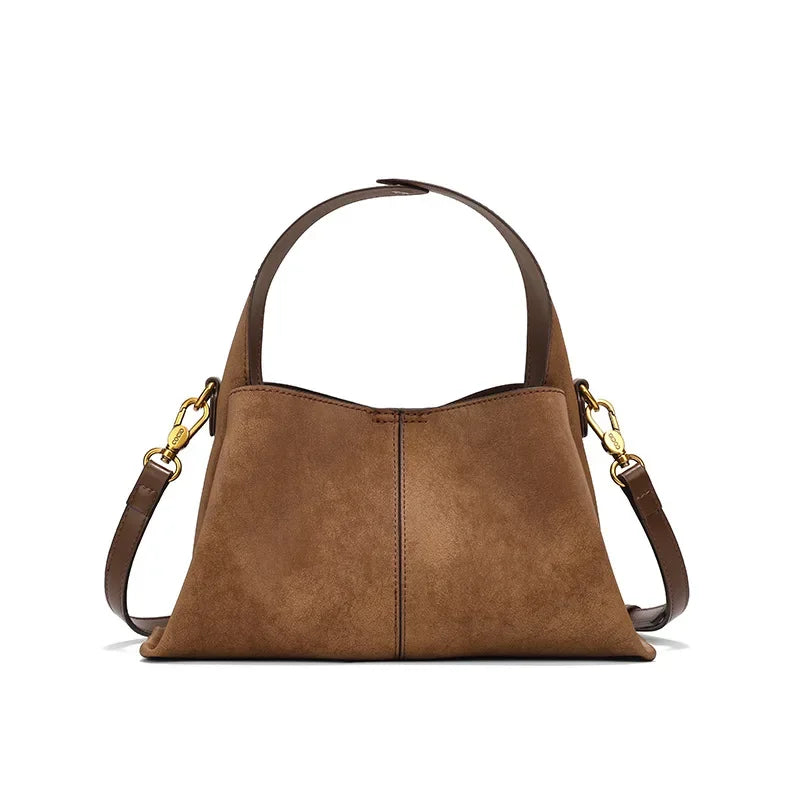 Suede handbag with rounded handles and zip closure