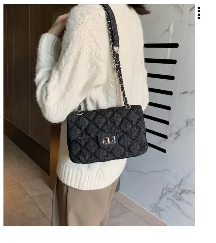 Compact flap denim handbag