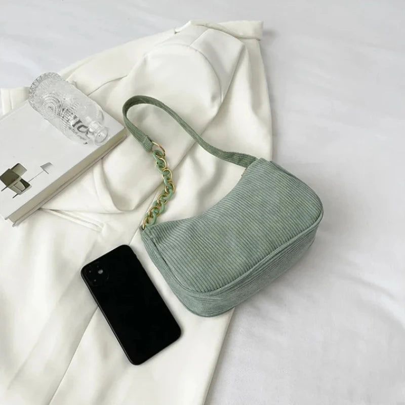 Corduroy handbag set with soft chain handle