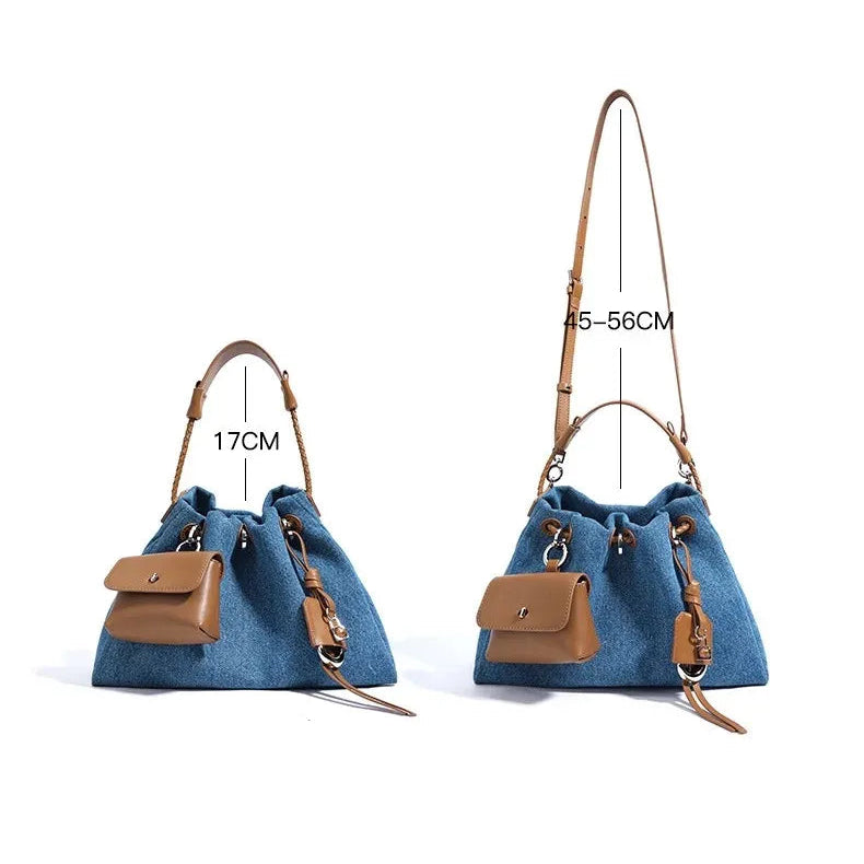 Denim handbag with external pockets