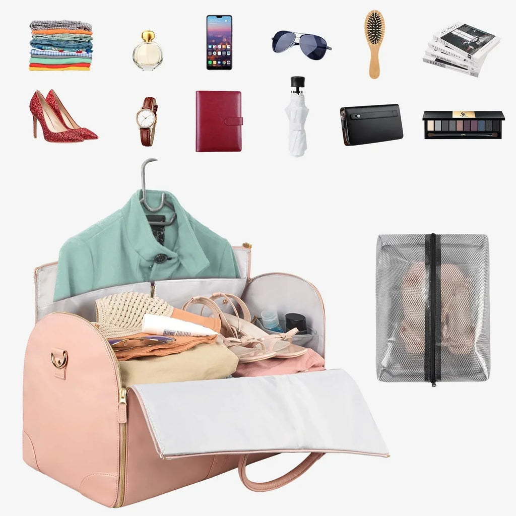 Foldable women's travel leather duffle bag