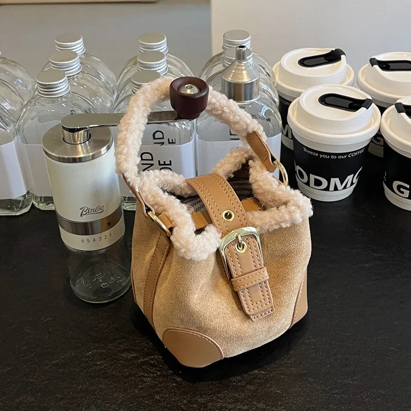 Mini square suede handbag with fake fur