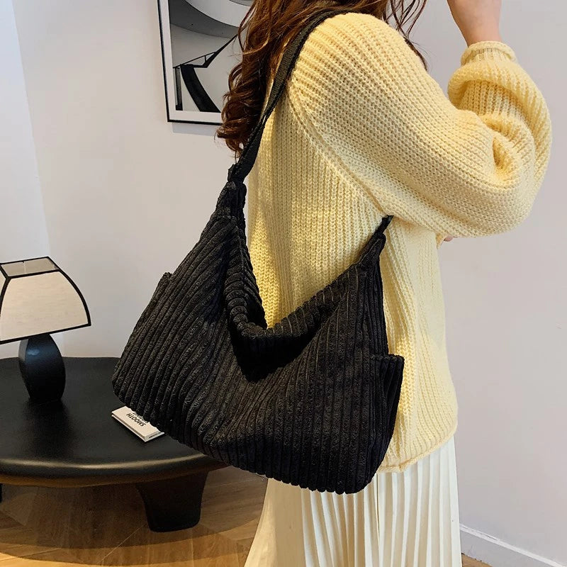 Versatile corduroy handbag with shoulder strap