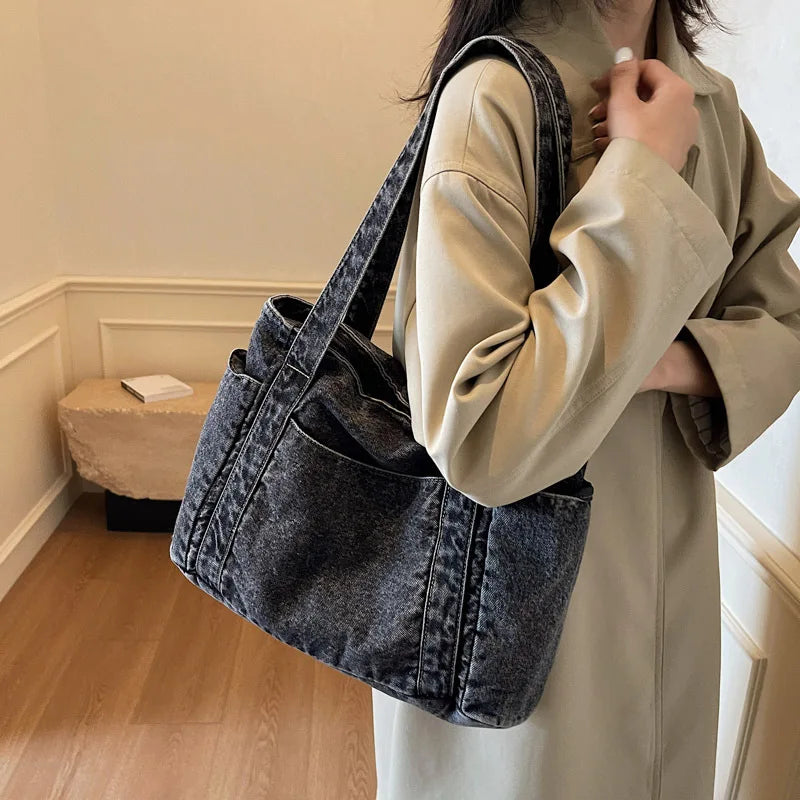 Denim shoulder tote bag