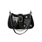 Edgy black denim handbag with buckle strap