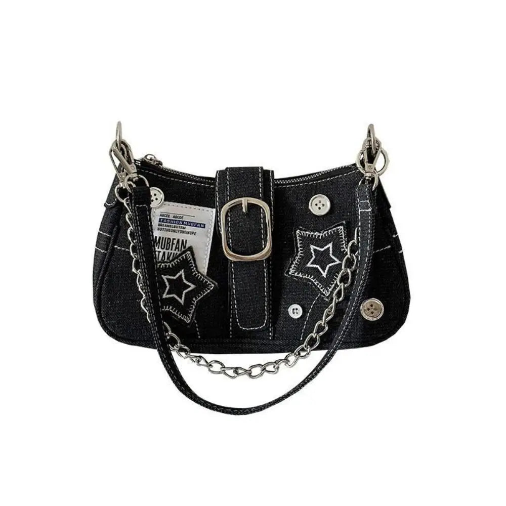 Edgy black denim handbag with buckle strap