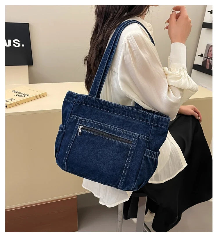 Denim tote bag with front pocket