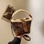 Mini square suede handbag with fake fur
