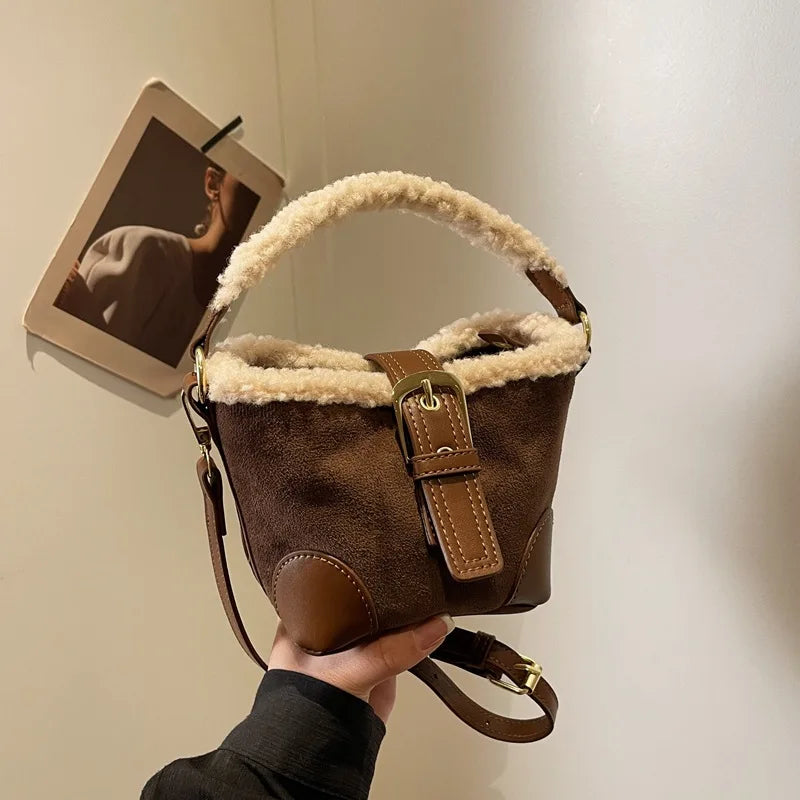 Mini square suede handbag with fake fur