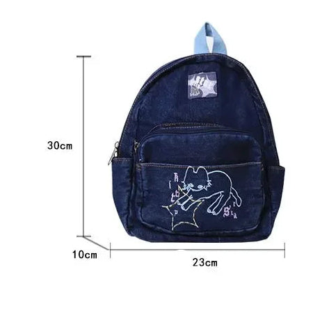 Cat-embroidered denim backpack