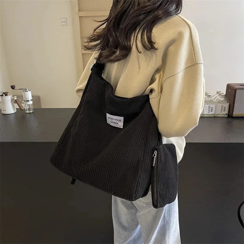 Women’s small corduroy tote bag with matching pouch